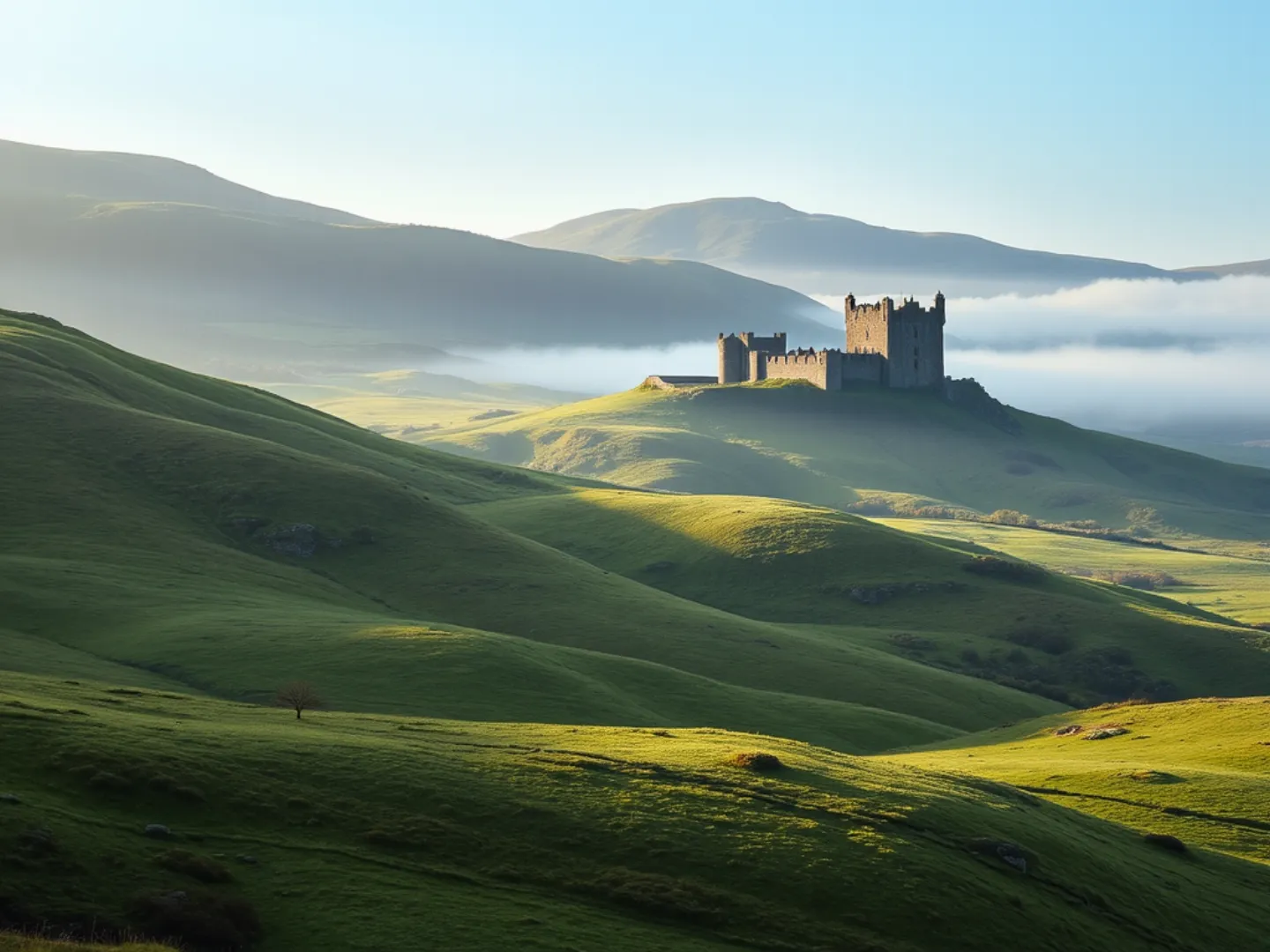 Rolling green hills of the Scottish Highlands with a castle in the distance, representing ancestral heritage